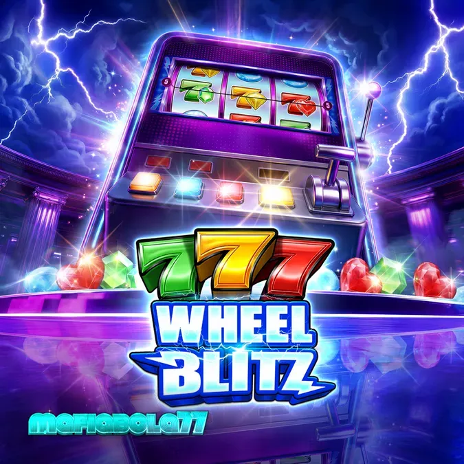 Tampilan visual mesin slot 777 Wheel Blitz dengan simbol permata dan roda bonus.