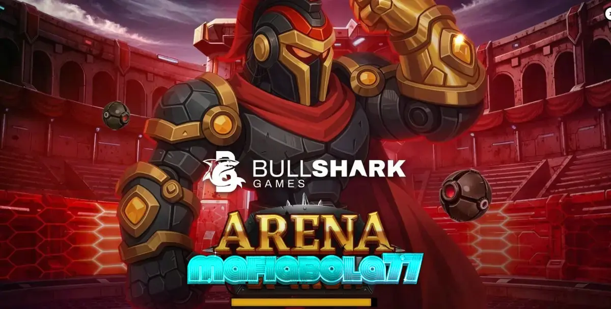 Tampilan visual futuristik dari slot Arena of Iron dengan latar belakang arena pertempuran robot.